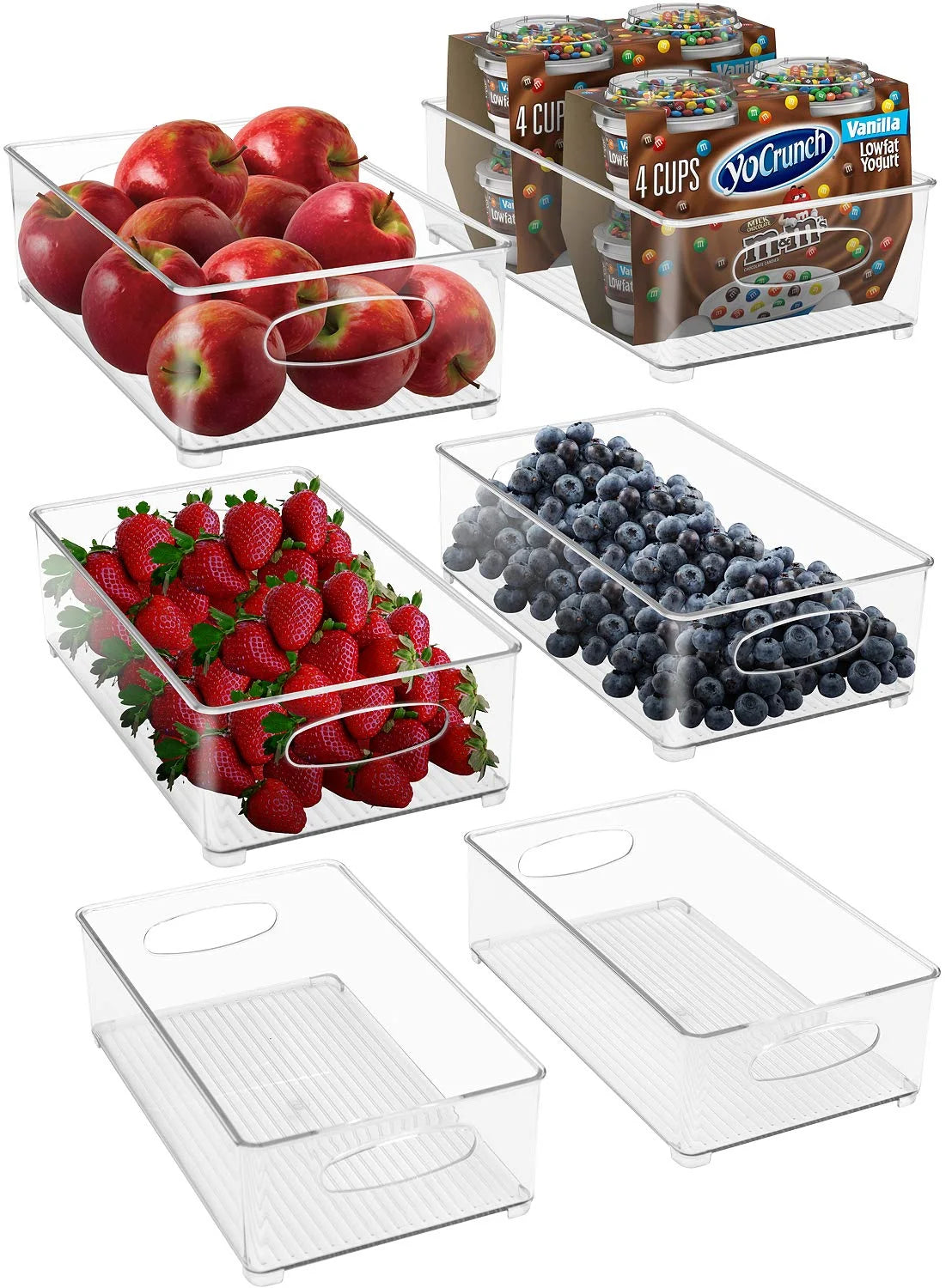 Clear Plastic Fridge Organization Bin 6-Pack Set, Stackable with Handles