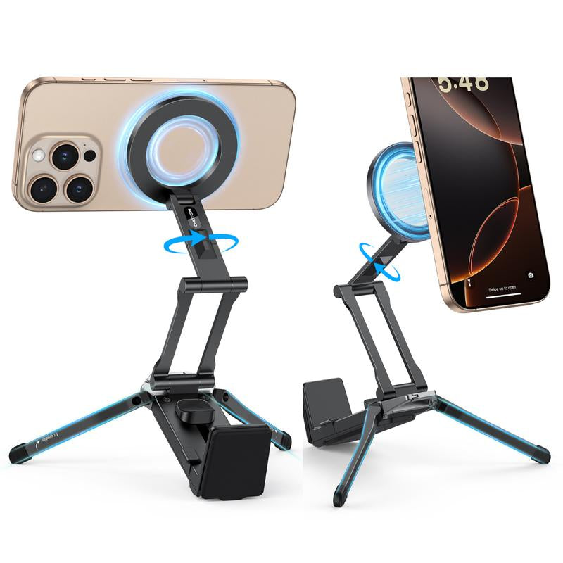 OMOTON Magnetic Phone Tripod Stand - Foldable Travel Mount with 360 Rotating Shaft Adjustable Ring Grip Selfie Stick Clamping Mount & Hook for Desk Airplane Luggage Outdoor
