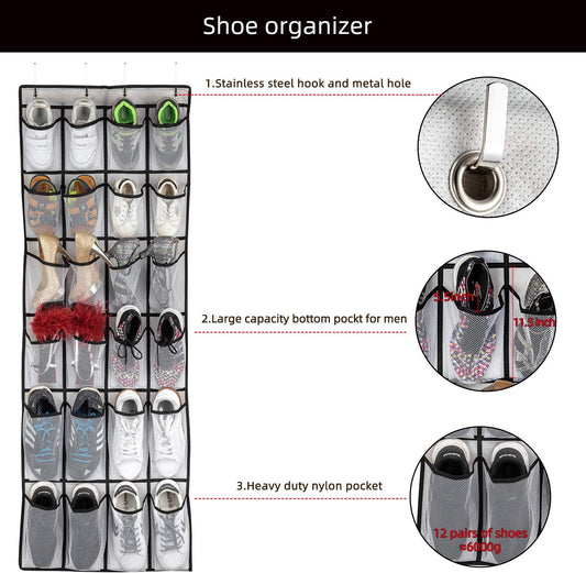 Over the Door Shoe Organizer with 24 Mesh Large Pockets White