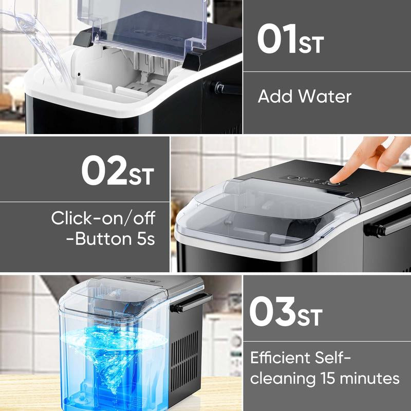 Sweetfurniture Countertop Ice Maker Machine, Basket and Handle, 9 Cubes in 6 Mins, 26.5Lbs/24Hrs, 2 Sizes of Bullet Kitchen Utensils