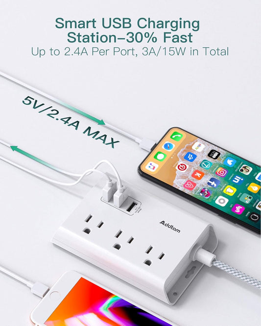 Power Strip with USB,  ETL Certificate Flat Plug Extension Cord with 3 USB Ports, 3 Widely Spaced Outlets, 5 Feet Braided Cord
