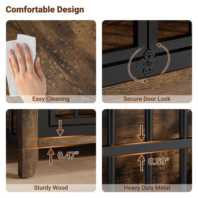 Wooden Dog Crate Furniture, Cushion, 360° Wheel, Single Door, 2 Bowls, Metal, Chew Proof Design, Dog Cage