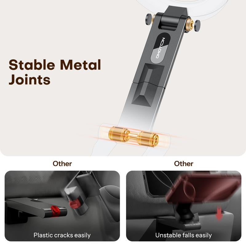 OMOTON Magnetic Phone Tripod Stand - Foldable Travel Mount with 360 Rotating Shaft Adjustable Ring Grip Selfie Stick Clamping Mount & Hook for Desk Airplane Luggage Outdoor