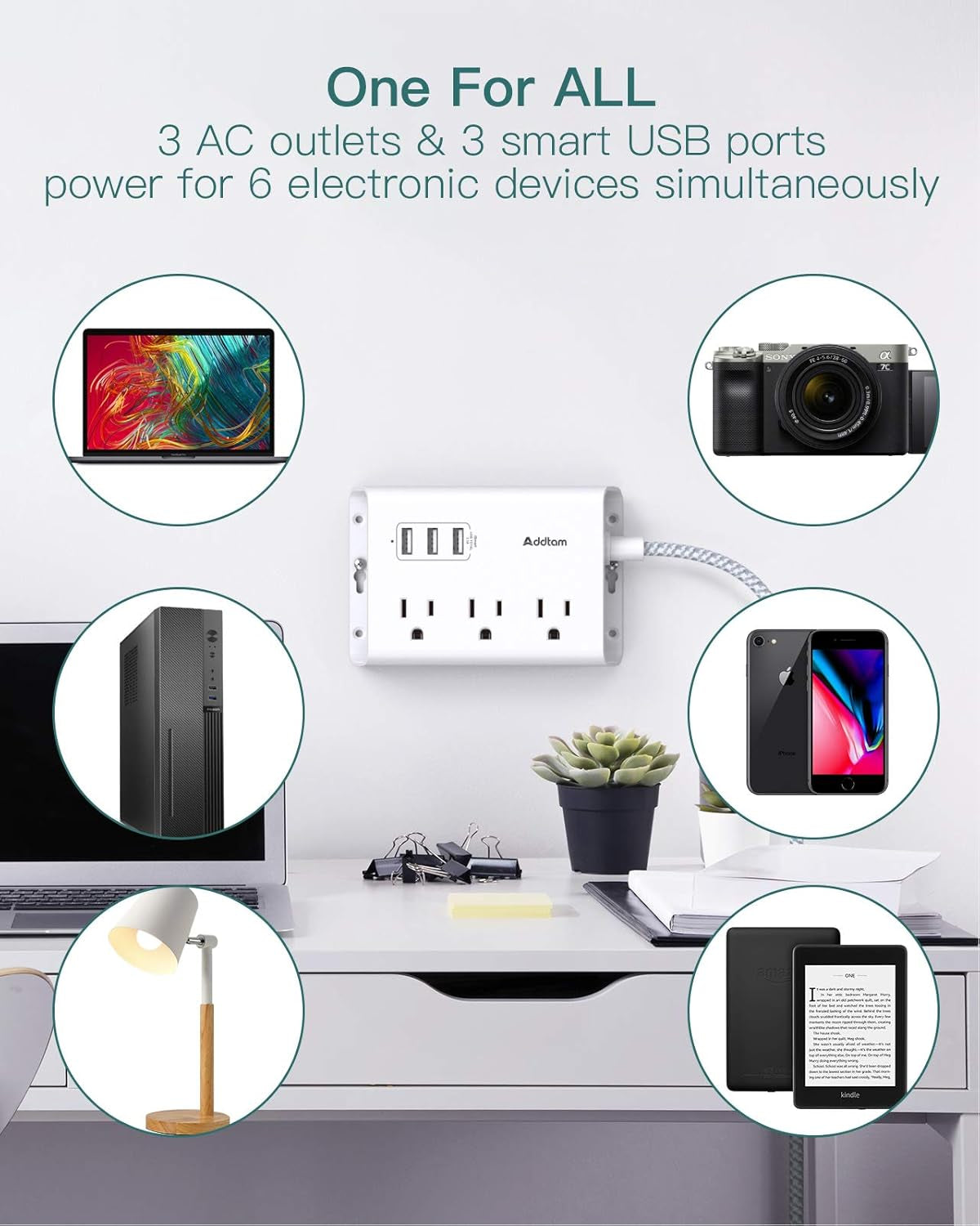 Power Strip with USB,  ETL Certificate Flat Plug Extension Cord with 3 USB Ports, 3 Widely Spaced Outlets, 5 Feet Braided Cord