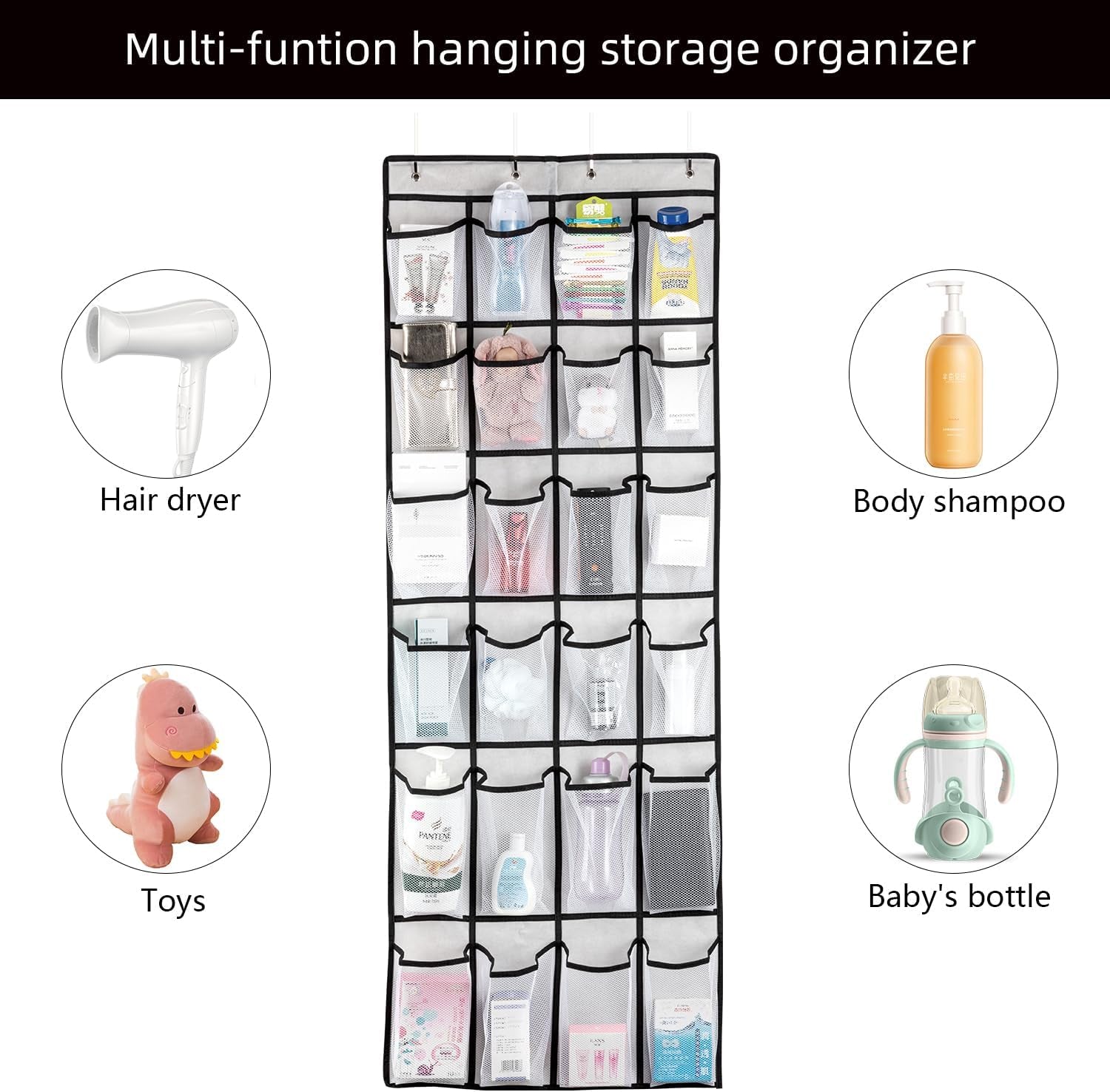Over the Door Shoe Organizer with 24 Mesh Large Pockets White