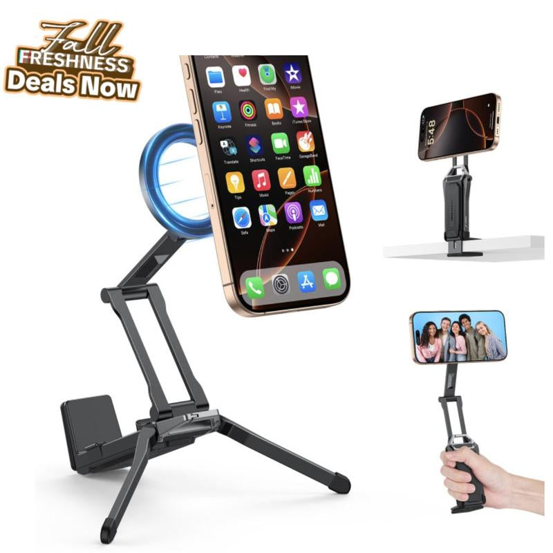 OMOTON Magnetic Phone Tripod Stand - Foldable Travel Mount with 360 Rotating Shaft Adjustable Ring Grip Selfie Stick Clamping Mount & Hook for Desk Airplane Luggage Outdoor