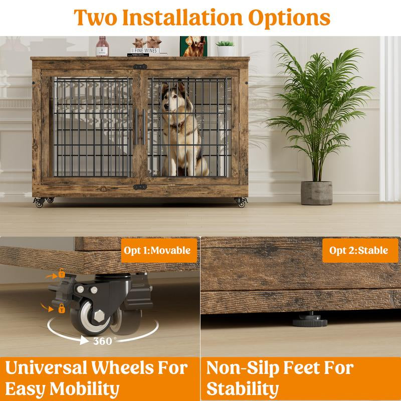 Wooden Dog Crate Furniture, Cushion, 360° Wheel, Single Door, 2 Bowls, Metal, Chew Proof Design, Dog Cage