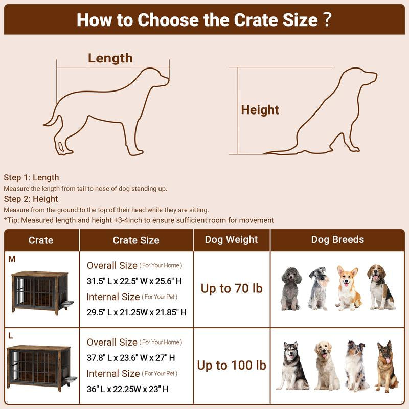 Wooden Dog Crate Furniture, Cushion, 360° Wheel, Single Door, 2 Bowls, Metal, Chew Proof Design, Dog Cage