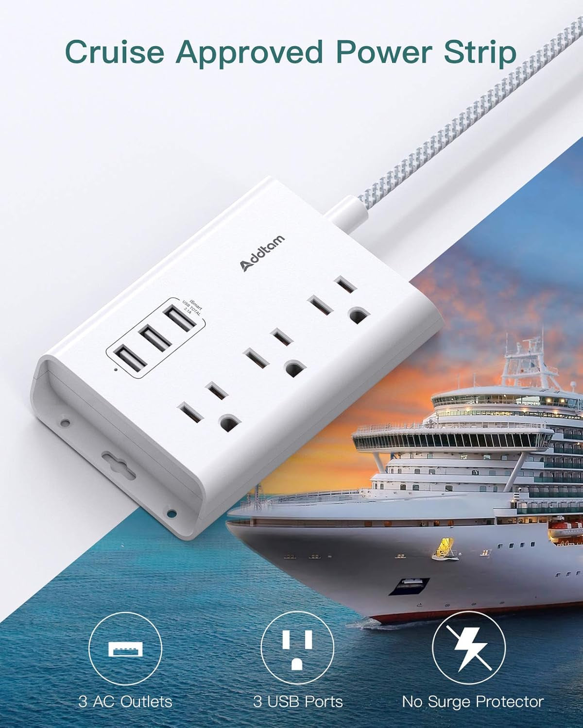 Power Strip with USB,  ETL Certificate Flat Plug Extension Cord with 3 USB Ports, 3 Widely Spaced Outlets, 5 Feet Braided Cord