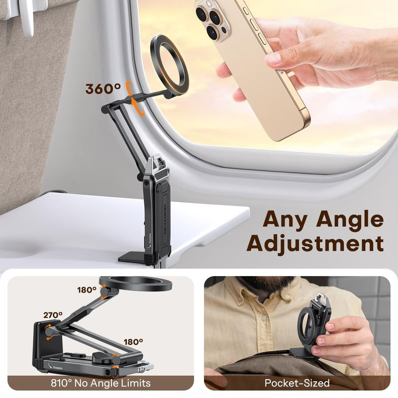 OMOTON Magnetic Phone Tripod Stand - Foldable Travel Mount with 360 Rotating Shaft Adjustable Ring Grip Selfie Stick Clamping Mount & Hook for Desk Airplane Luggage Outdoor