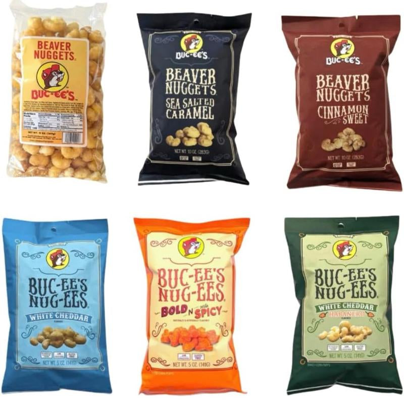 Buc Ee'S Beaver Nuggets Variety Bundle , 6 Flavors: Cinnamon Sweet, Sea Salted Caramel, White Cheddar, Habanero, Bold-N-Sorta Spicy, Candy
