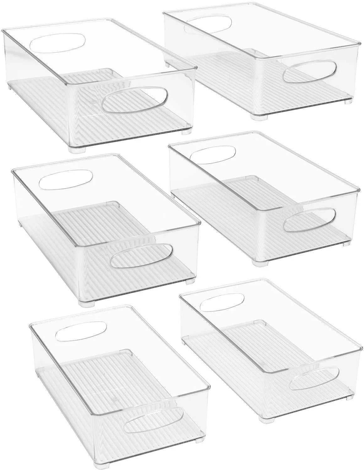 Clear Plastic Fridge Organization Bin 6-Pack Set, Stackable with Handles