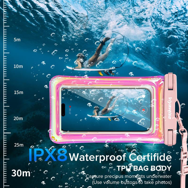 Viyawise Waterproof Phone Pouch - IPX8 Certified & Floatable Design 5 Holographic Colors Fits Most Smartphones Beach Cruise Swim