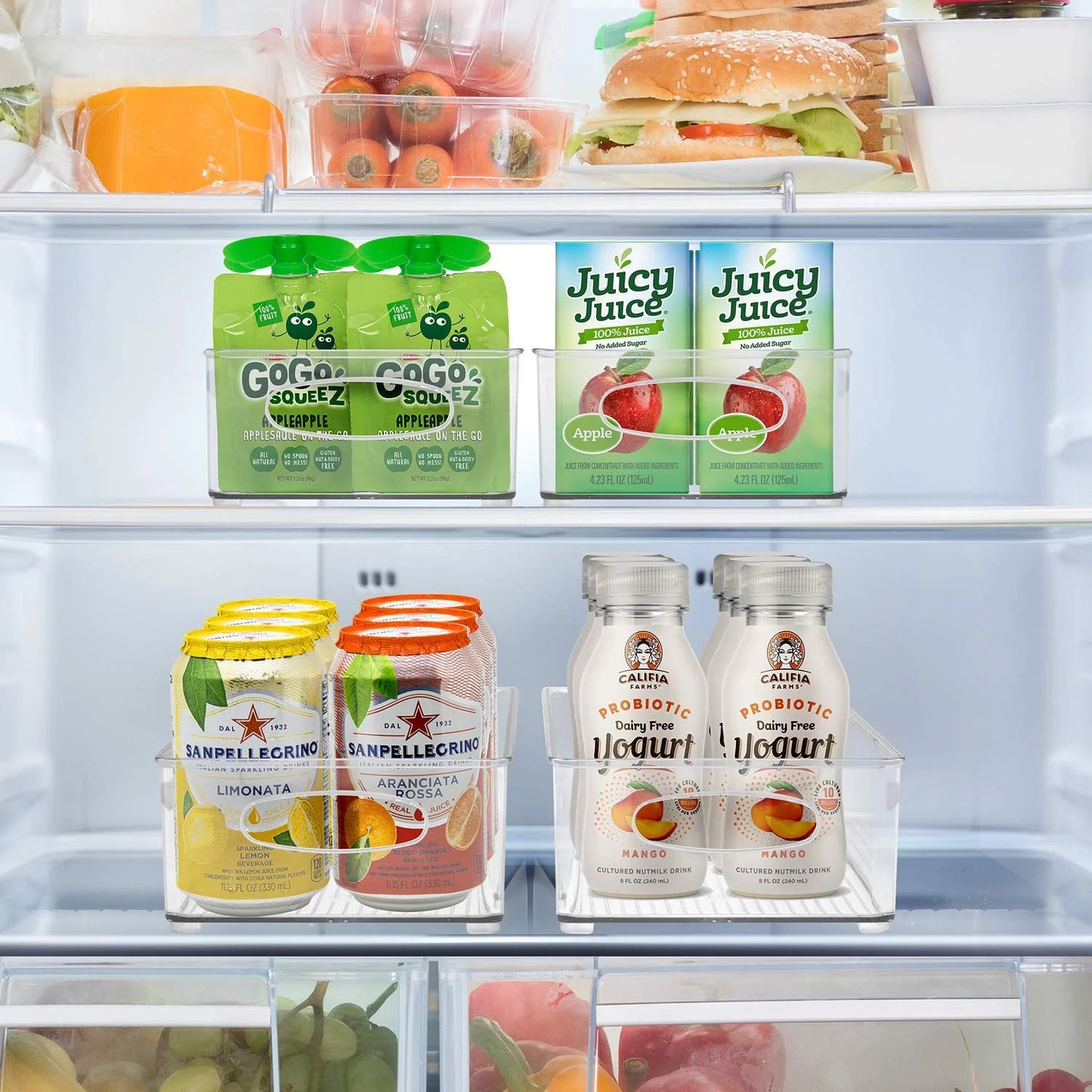 Clear Plastic Fridge Organization Bin 6-Pack Set, Stackable with Handles