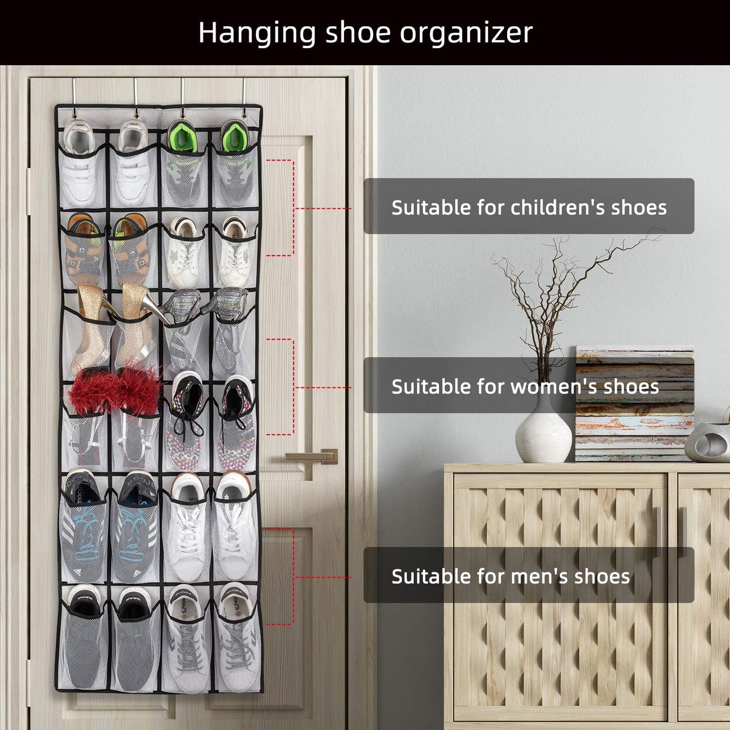 Over the Door Shoe Organizer with 24 Mesh Large Pockets White
