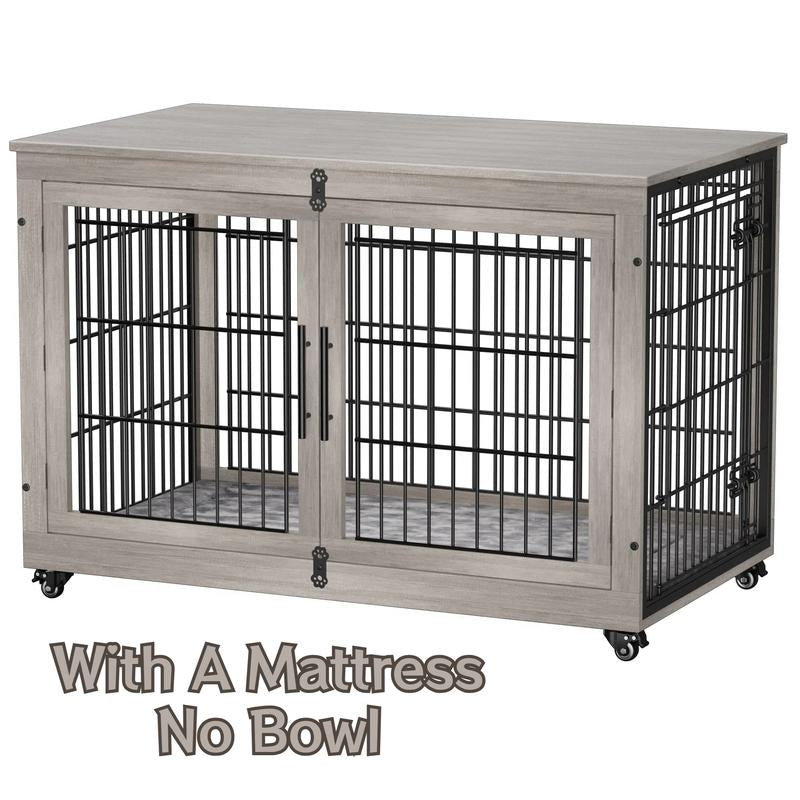 Wooden Dog Crate Furniture, Cushion, 360° Wheel, Single Door, 2 Bowls, Metal, Chew Proof Design, Dog Cage