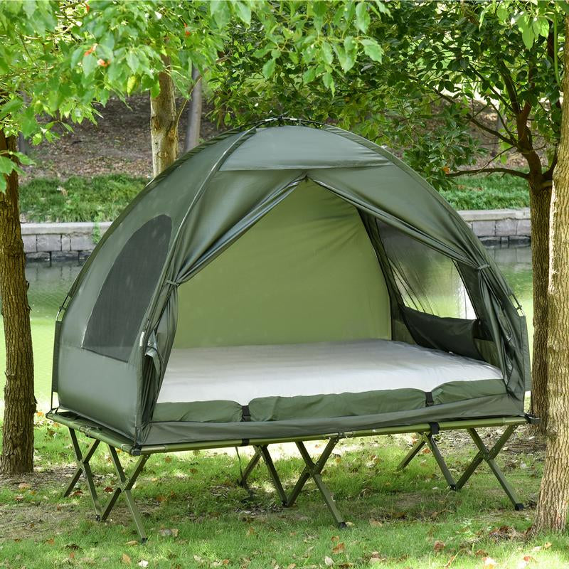 Outsunny Foldable Camping Cot with Tent, Bedspread, Thick Air Mattress, Elevated Camping Bed for Outdoor Hiking, Picnic, Travel