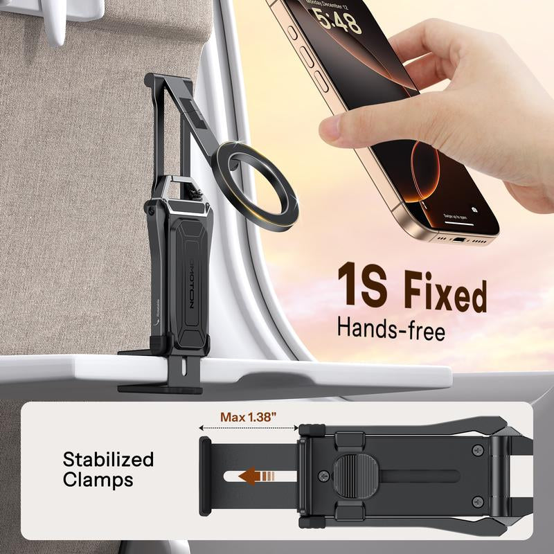 OMOTON Magnetic Phone Tripod Stand - Foldable Travel Mount with 360 Rotating Shaft Adjustable Ring Grip Selfie Stick Clamping Mount & Hook for Desk Airplane Luggage Outdoor