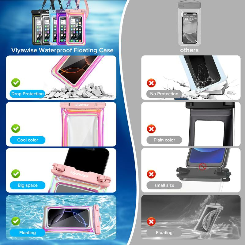 Viyawise Waterproof Phone Pouch - IPX8 Certified & Floatable Design 5 Holographic Colors Fits Most Smartphones Beach Cruise Swim