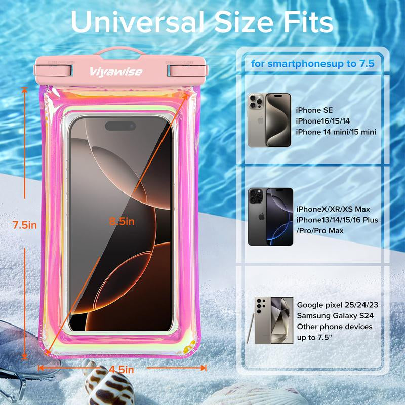 Viyawise Waterproof Phone Pouch - IPX8 Certified & Floatable Design 5 Holographic Colors Fits Most Smartphones Beach Cruise Swim