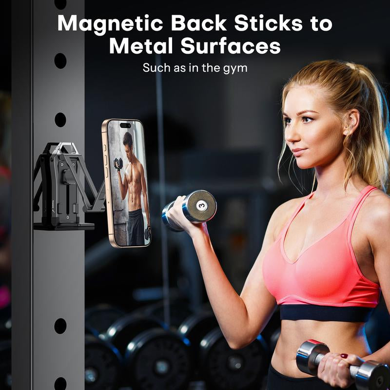 OMOTON Magnetic Phone Tripod Stand - Foldable Travel Mount with 360 Rotating Shaft Adjustable Ring Grip Selfie Stick Clamping Mount & Hook for Desk Airplane Luggage Outdoor