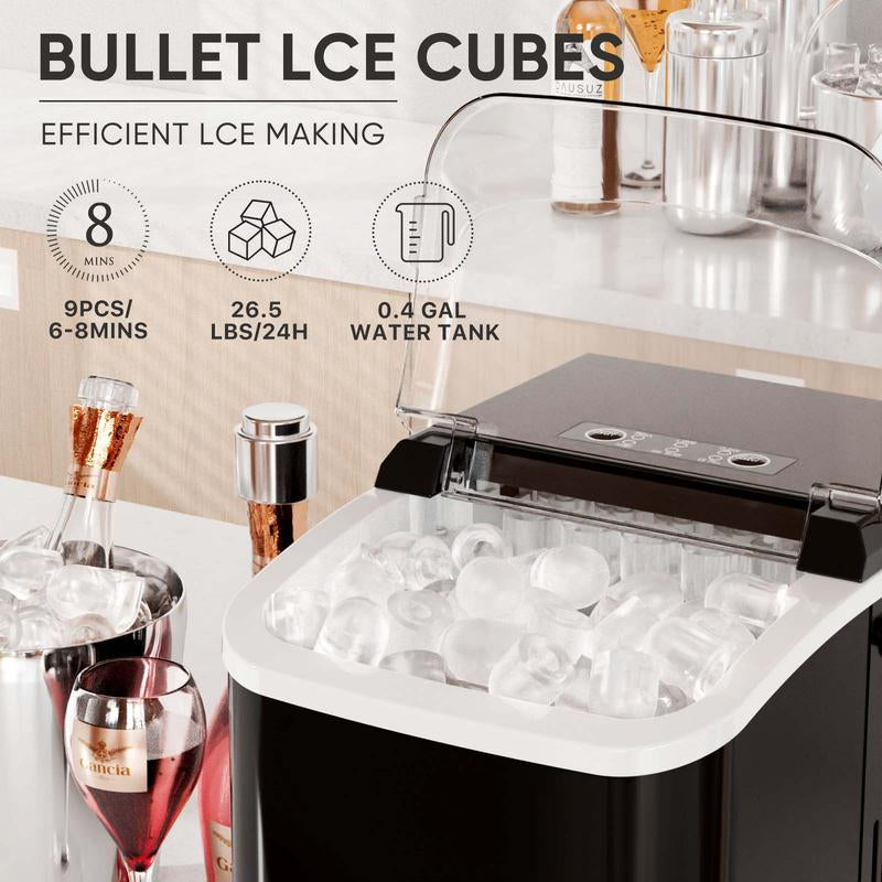 Sweetfurniture Countertop Ice Maker Machine, Basket and Handle, 9 Cubes in 6 Mins, 26.5Lbs/24Hrs, 2 Sizes of Bullet Kitchen Utensils