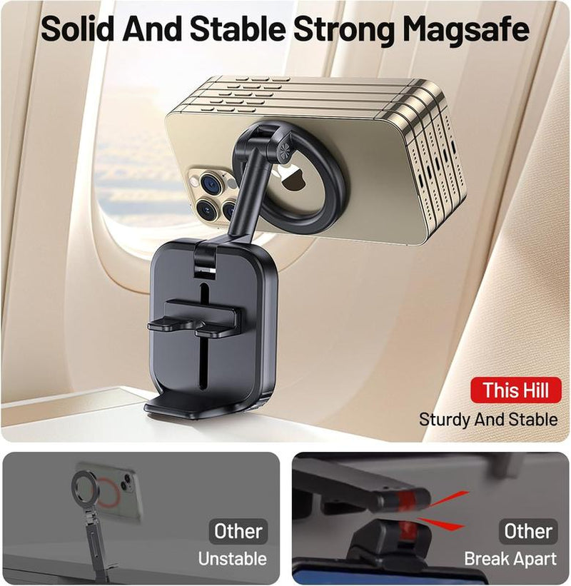 Travel Accessories Airplane Phone Holder for Magsafe, Travel Essentials Phone Mount with Multi-Angle Rotation, Travel Must Haves for Flying Smartphone Stand Cellphone Lisen Phonemount