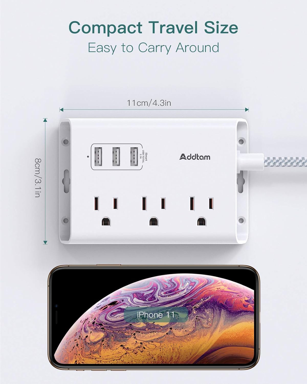Power Strip with USB,  ETL Certificate Flat Plug Extension Cord with 3 USB Ports, 3 Widely Spaced Outlets, 5 Feet Braided Cord