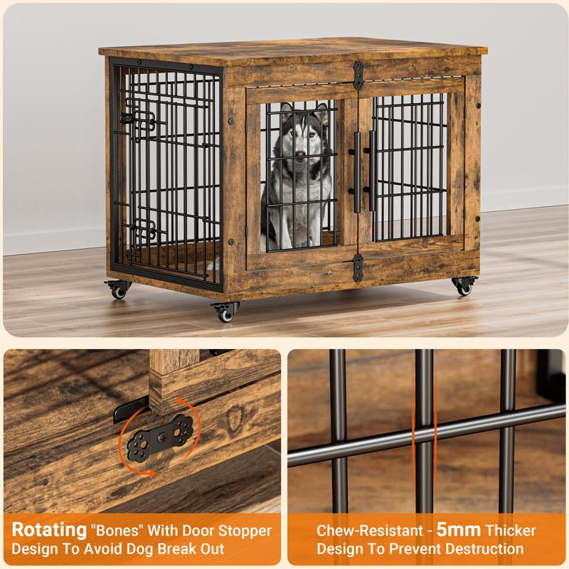 Wooden Dog Crate Furniture, Cushion, 360° Wheel, Single Door, 2 Bowls, Metal, Chew Proof Design, Dog Cage