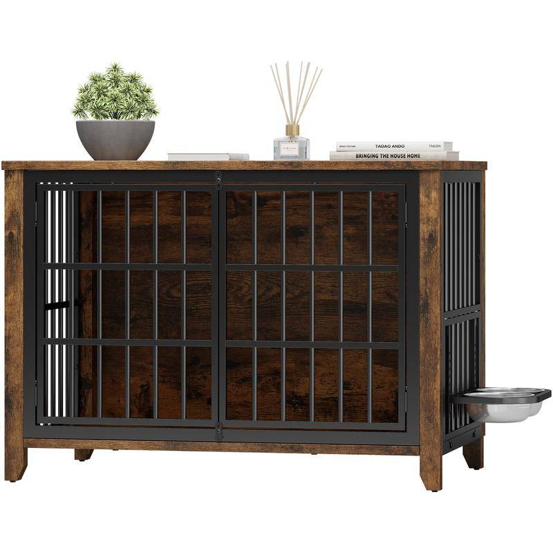 Wooden Dog Crate Furniture, Cushion, 360° Wheel, Single Door, 2 Bowls, Metal, Chew Proof Design, Dog Cage