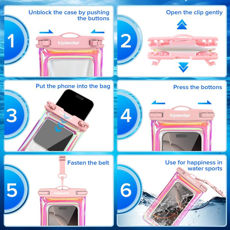 Viyawise Waterproof Phone Pouch - IPX8 Certified & Floatable Design 5 Holographic Colors Fits Most Smartphones Beach Cruise Swim
