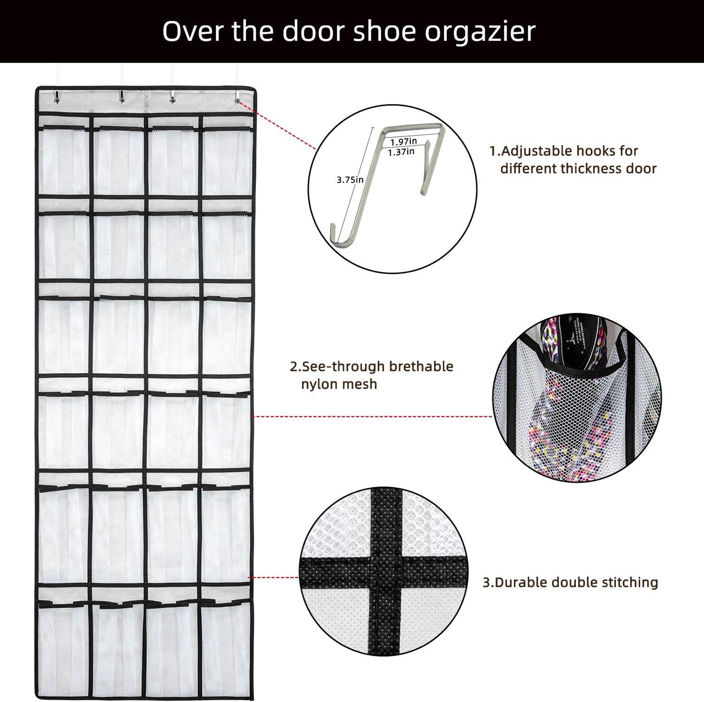 Over the Door Shoe Organizer with 24 Mesh Large Pockets White