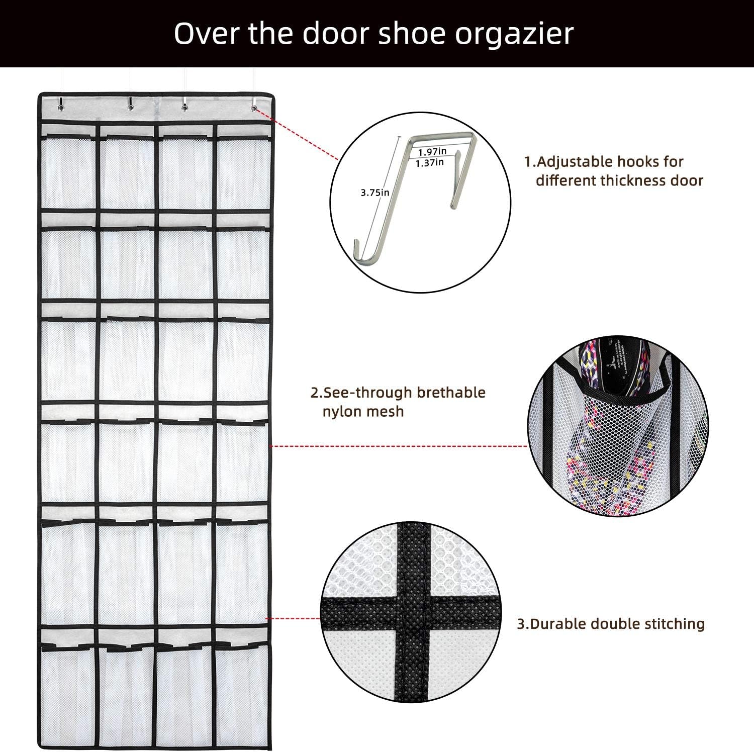 Over the Door Shoe Organizer with 24 Mesh Large Pockets White