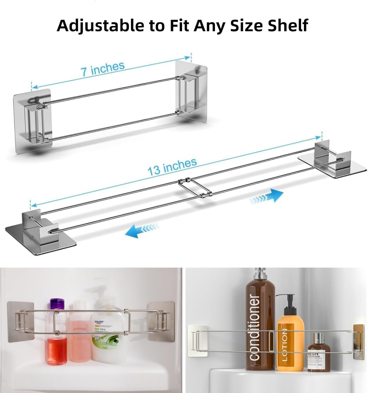 Adjustable RV Shower Corner Bar, 7-13 Inch No-Drill Adhesive Bathroom Organizer Support Rod for Shampoo Holder, Rustproof Stainless Steel Camper Shelf Retainer Bars for Travel Trailer and Motorhome