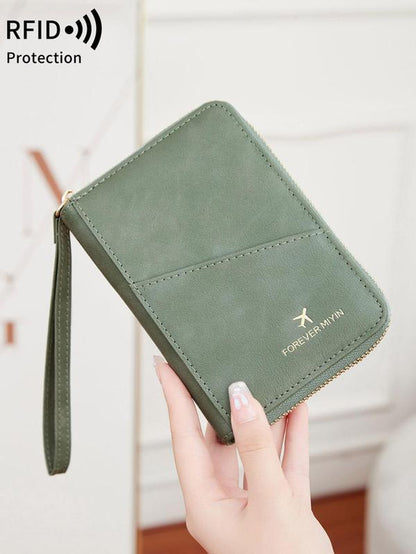 Solid Color Passport Case, Multi-Functional Zipper Travel Card Holder, RFID Blocking 