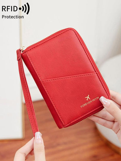 Solid Color Passport Case, Multi-Functional Zipper Travel Card Holder, RFID Blocking 