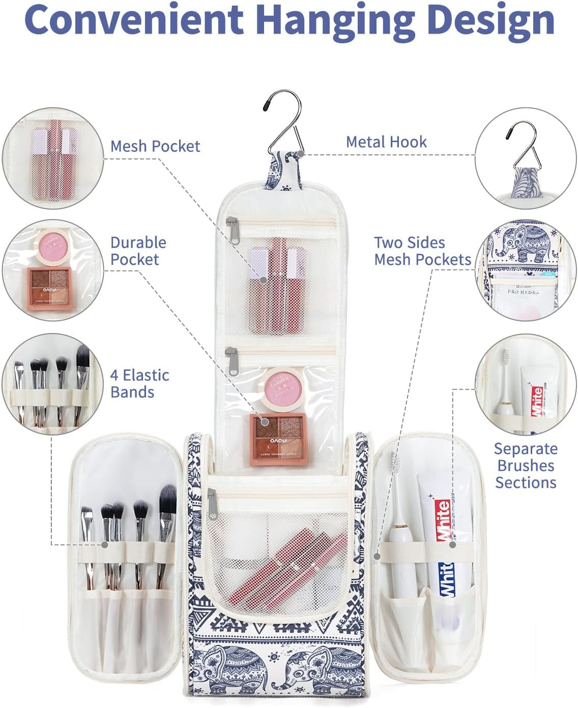 Small Hanging Toiletry Travel Makeup Bag Organizer (Medium, Elephant)