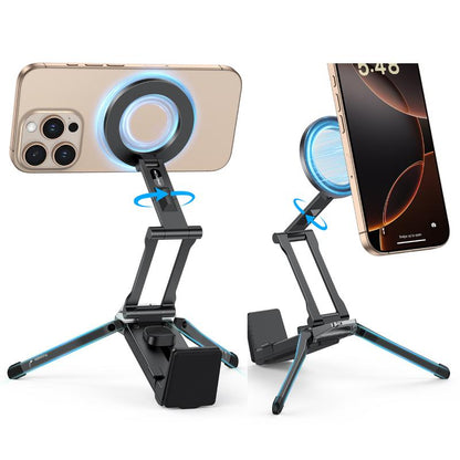 OMOTON Magnetic Phone Tripod Stand - Foldable Travel Mount with 360 Rotating Shaft Adjustable Ring Grip Selfie Stick Clamping Mount & Hook for Desk Airplane Luggage Outdoor 