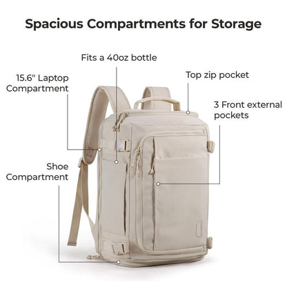 Carry On Travel Backpack, 15.6" Laptop, Waterproof, Quick Access, Fits 40Oz Water Bottle