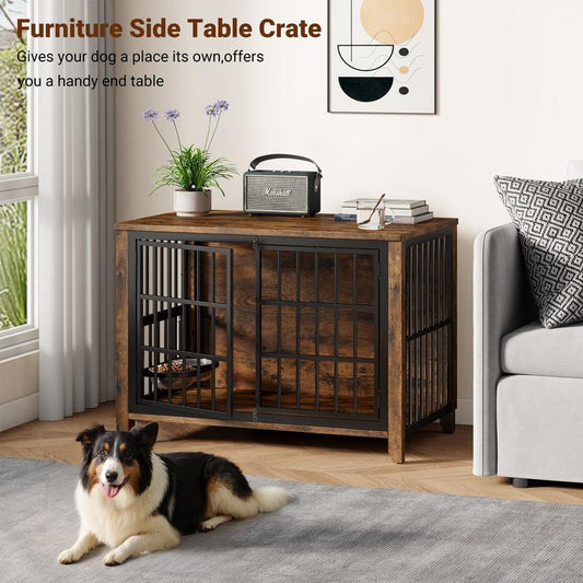 Wooden Dog Crate Furniture, Cushion, 360° Wheel, Single Door, 2 Bowls, Metal, Chew Proof Design, Dog Cage