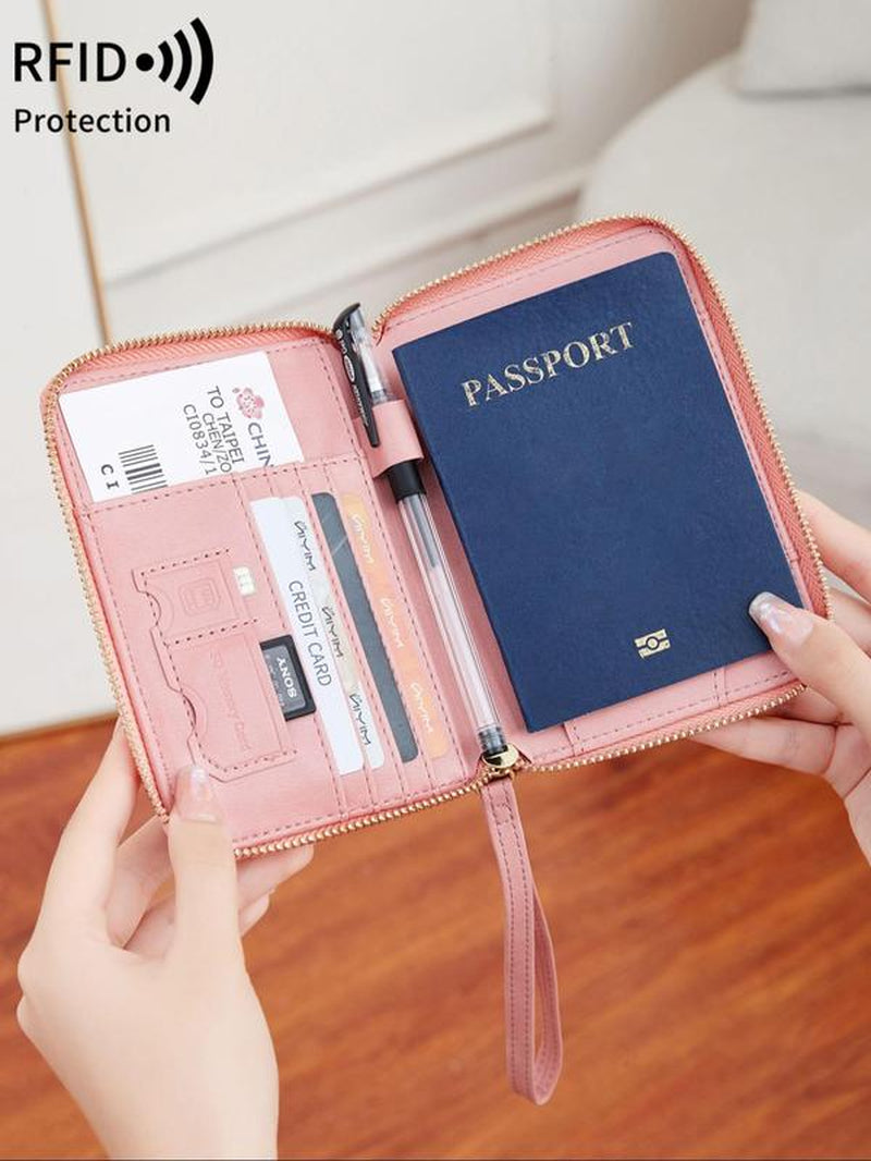 Solid Color Passport Case, Multi-Functional Zipper Travel Card Holder, RFID Blocking 