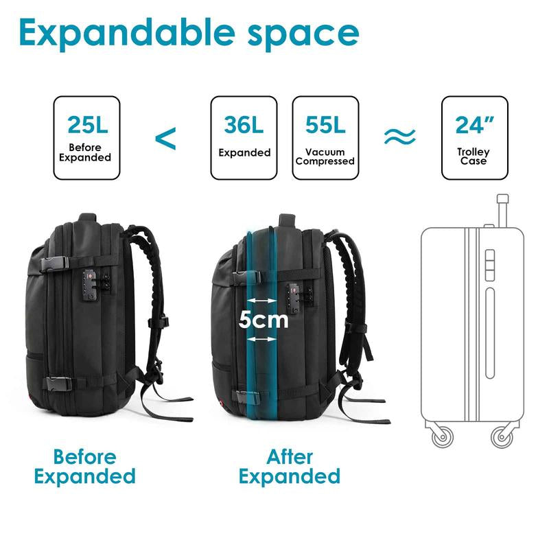 Travel Inspira, Carry-On Travel Backpack, 55L Expandable Vackpack with Vacuum Compression
