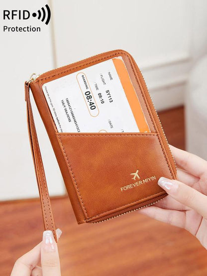 Solid Color Passport Case, Multi-Functional Zipper Travel Card Holder, RFID Blocking 