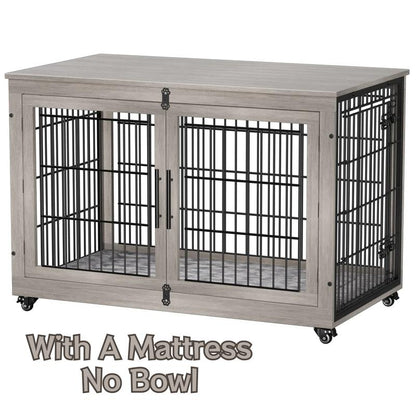 Wooden Dog Crate Furniture, Cushion, 360° Wheel, Single Door, 2 Bowls, Metal, Chew Proof Design, Dog Cage