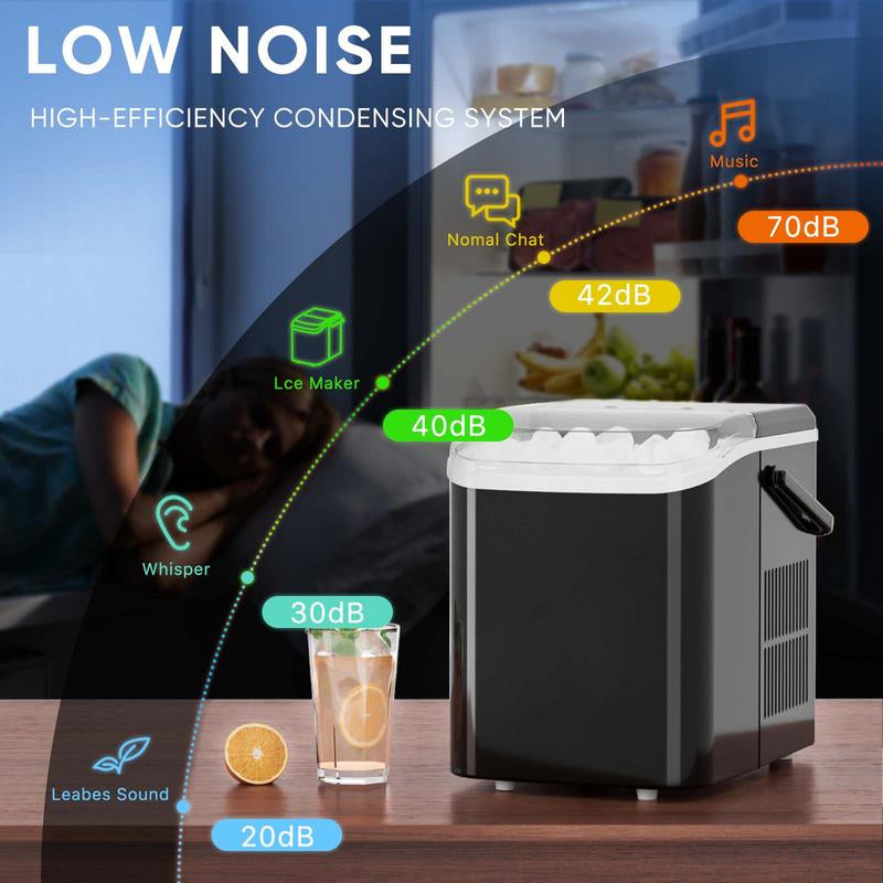 Sweetfurniture Countertop Ice Maker Machine, Basket and Handle, 9 Cubes in 6 Mins, 26.5Lbs/24Hrs, 2 Sizes of Bullet Kitchen Utensils