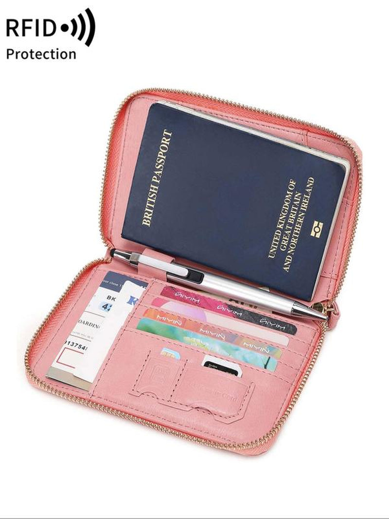 Solid Color Passport Case, Multi-Functional Zipper Travel Card Holder, RFID Blocking 
