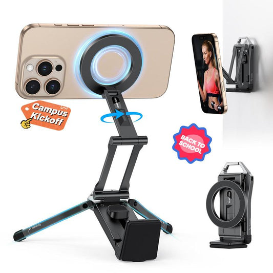 OMOTON Magnetic Phone Tripod Stand - Foldable Travel Mount with 360 Rotating Shaft Adjustable Ring Grip Selfie Stick Clamping Mount & Hook for Desk Airplane Luggage Outdoor 