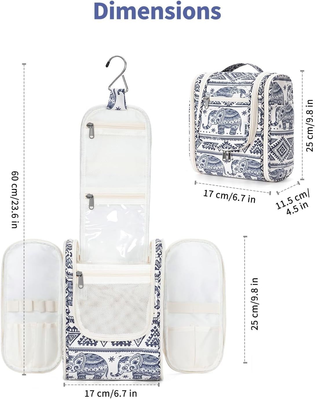 Small Hanging Toiletry Travel Makeup Bag Organizer (Medium, Elephant)