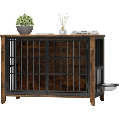 Wooden Dog Crate Furniture, Cushion, 360° Wheel, Single Door, 2 Bowls, Metal, Chew Proof Design, Dog Cage