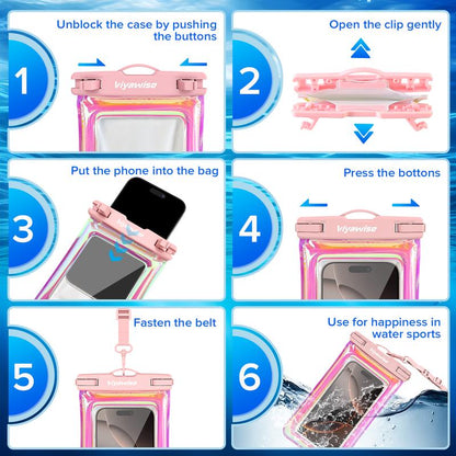 Viyawise  Waterproof Phone Pouch - IPX8 Certified & Floatable Design  5 Holographic Colors  Fits Most Smartphones Beach Cruise Swim 
